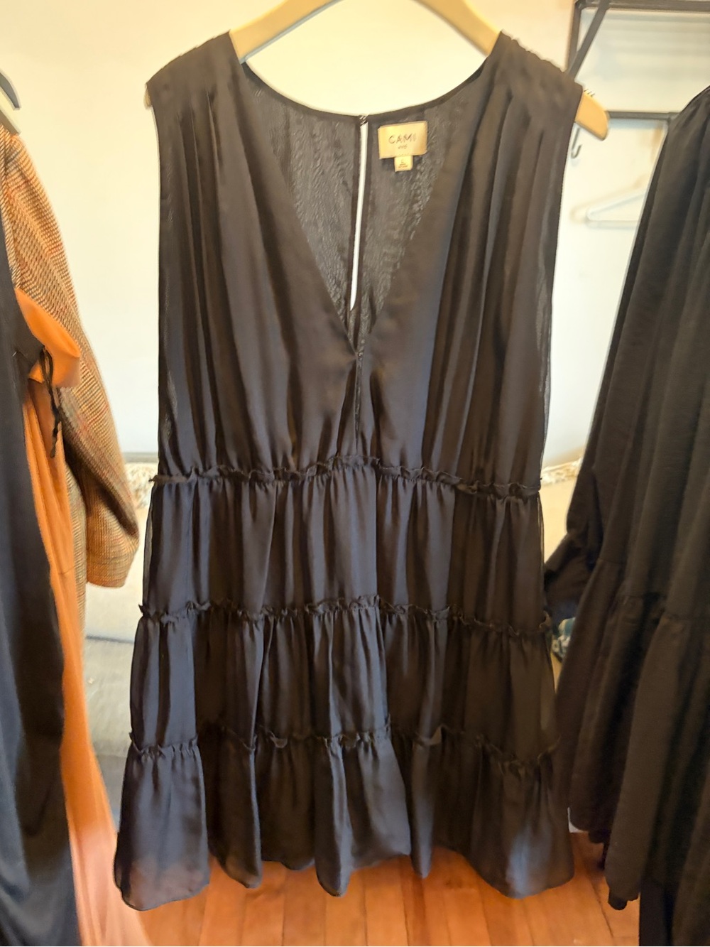 CAMI NYC Egle Black Tiered V-Neck Sleeveless mini Dress
